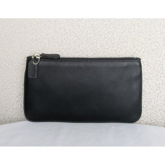 Vintage Coach Leather Small Flat Cosmetic Case Bag Clutch 6990 Black Silver USA - Picture 1 of 12
